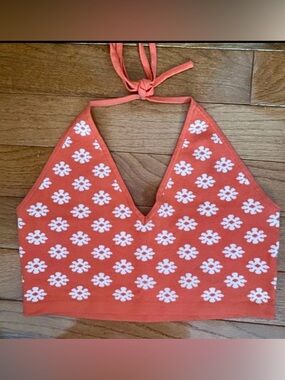 Orange Daisy Sweater Knit Halter Top Stretch Body on Floral Y2K Boho Crop